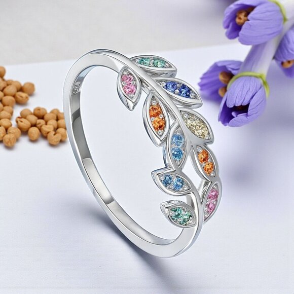 🆕 Minimalist Leaf Ring S925 Sterling Silver Colorful CZ Dainty Olive Branch - Picture 5 of 10